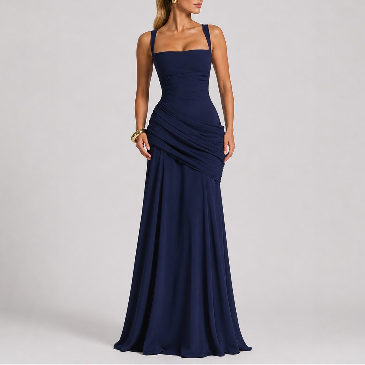 Johanna Ruched Maxi Evening Dress with Square Neckline