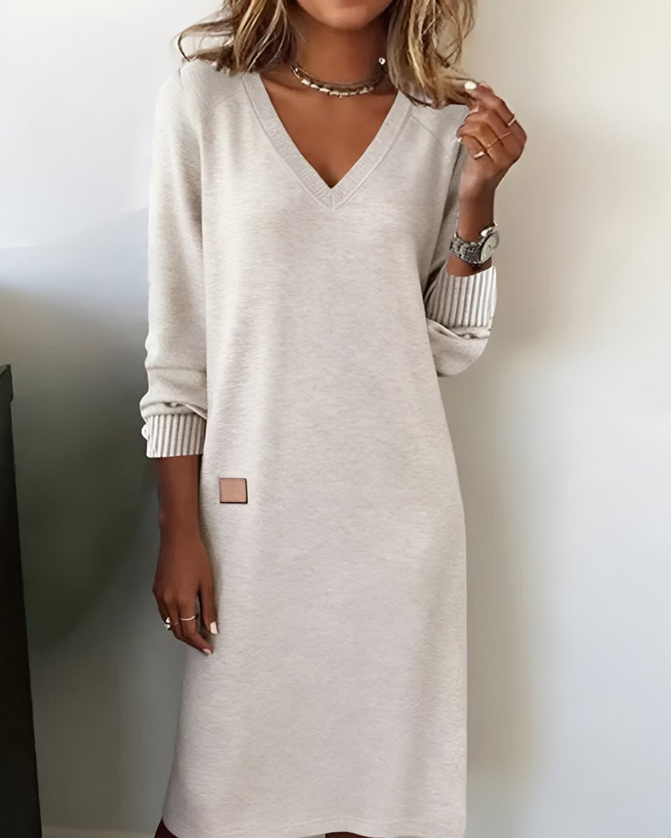 Mia Elegant Long-Sleeve V-Neck Midi Dress