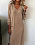 Mia Elegant Long-Sleeve V-Neck Midi Dress