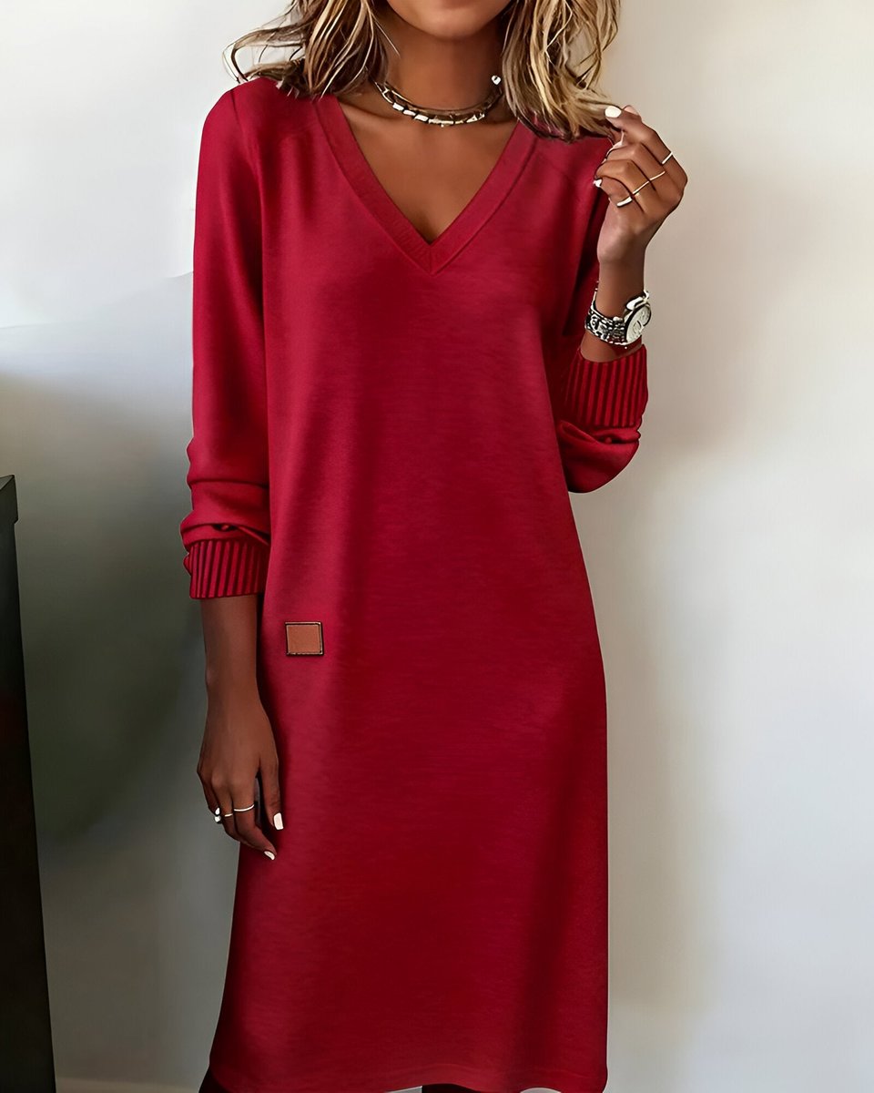 Mia Elegant Long-Sleeve V-Neck Midi Dress