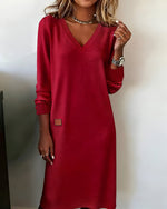 Mia Elegant Long-Sleeve V-Neck Midi Dress