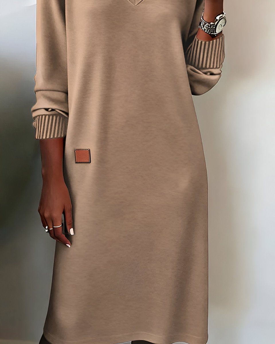 Mia Elegant Long-Sleeve V-Neck Midi Dress