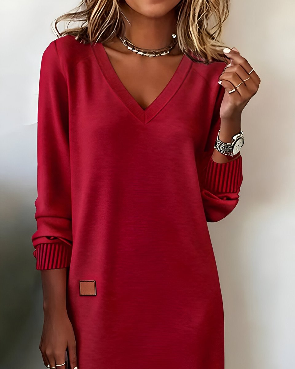 Mia Elegant Long-Sleeve V-Neck Midi Dress