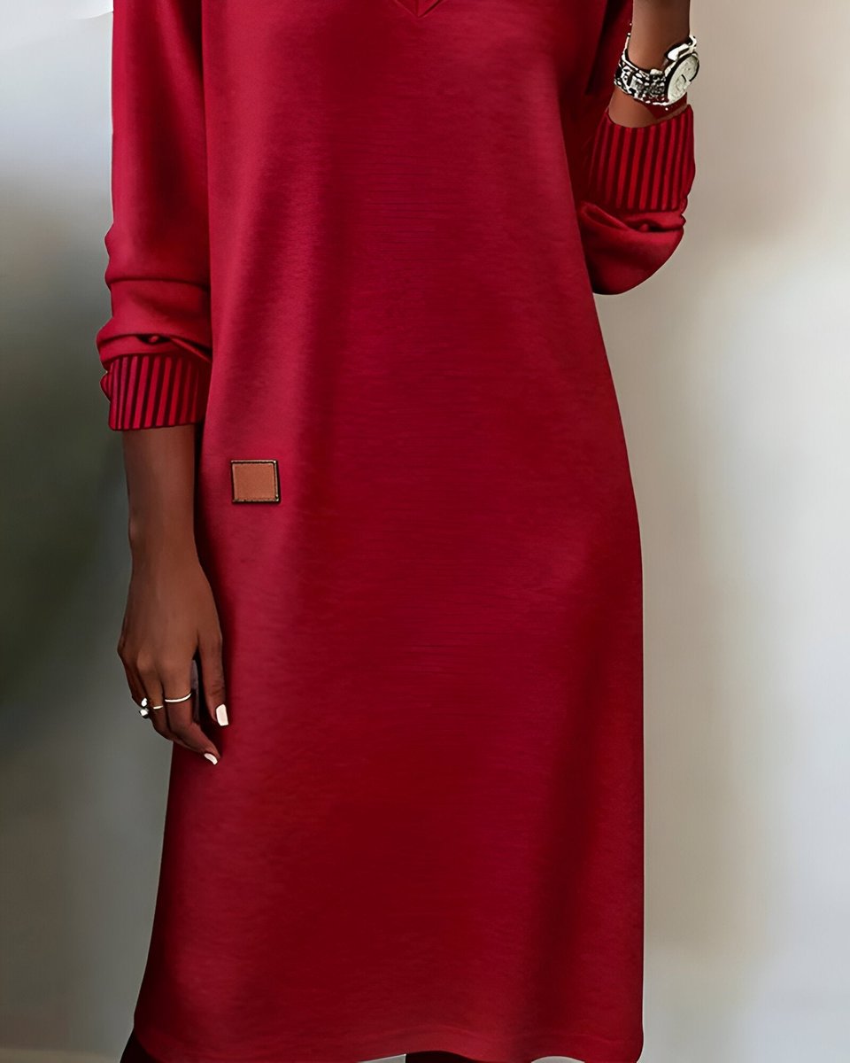 Mia Elegant Long-Sleeve V-Neck Midi Dress