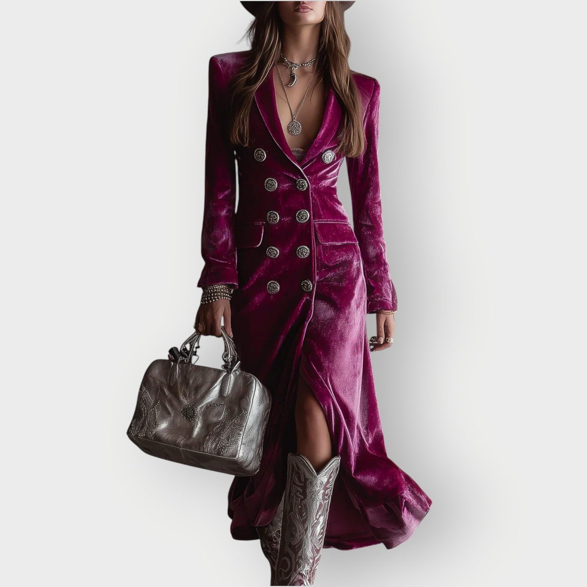 Leonie Double-Breasted Velvet Maxi Evening Dress