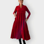 Emilia Long-Sleeve Tiered Velvet Maxi Dress