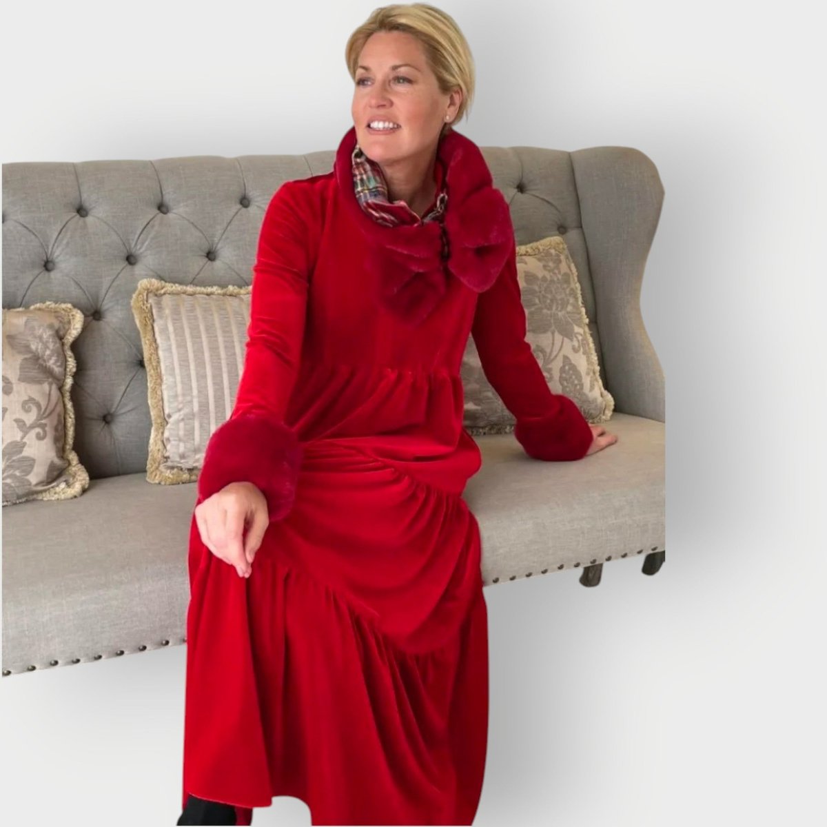 Emilia Long-Sleeve Tiered Velvet Maxi Dress