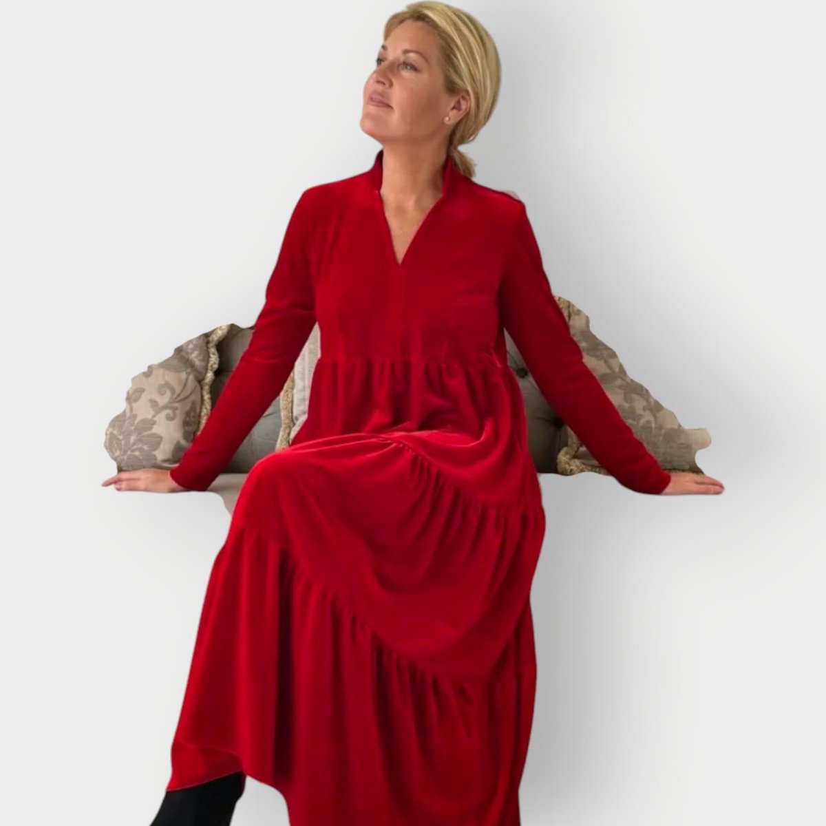 Emilia Long-Sleeve Tiered Velvet Maxi Dress