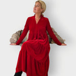 Emilia Long-Sleeve Tiered Velvet Maxi Dress