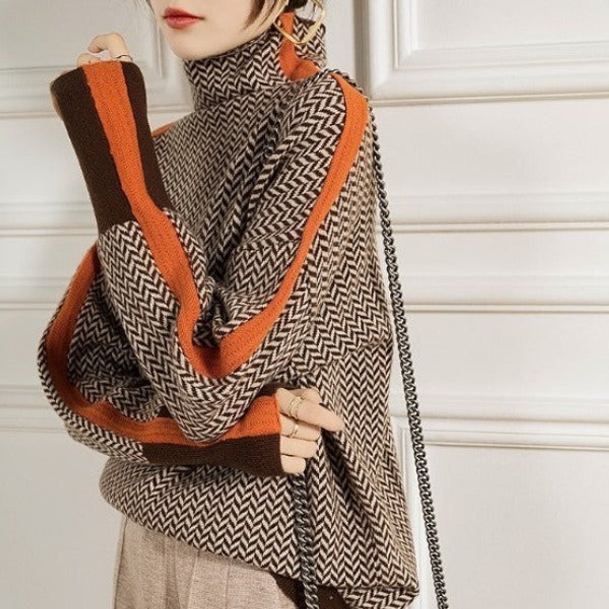 Amelie Herringbone Contrast Turtleneck Sweater