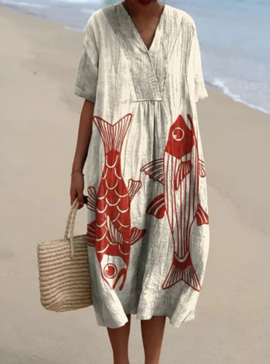 Charlotte Koi Print Linen Midi Dress