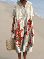 Charlotte Koi Print Linen Midi Dress