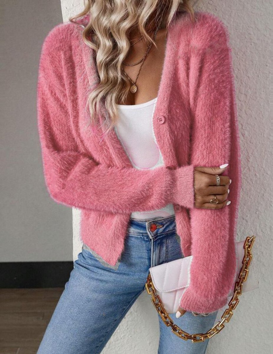 Marie Fuzzy V-Neck Button Cardigan