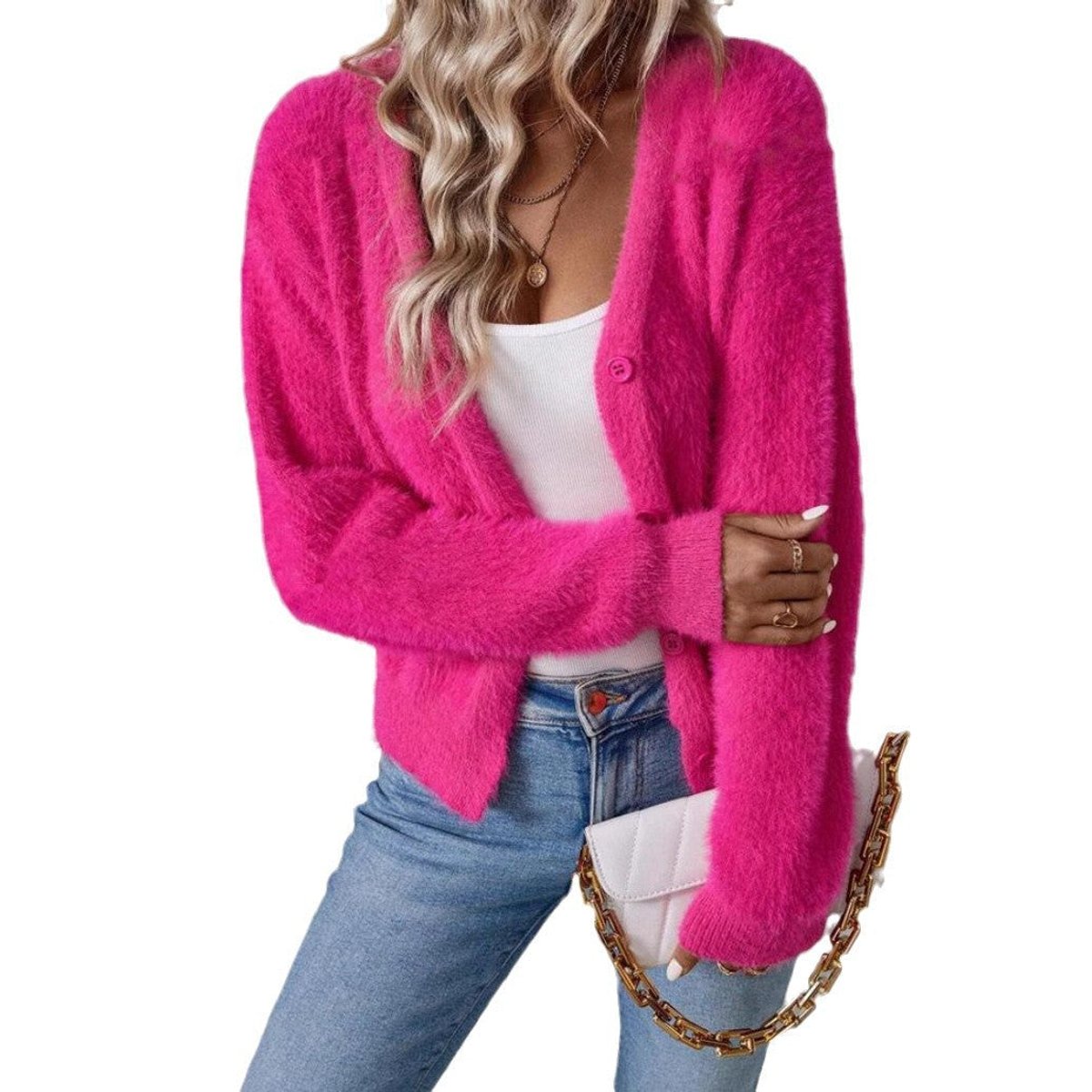 Marie Fuzzy V-Neck Button Cardigan