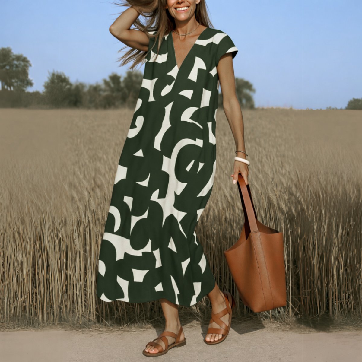 Elisabeth Flowing Printed V-Neck Maxi Dress