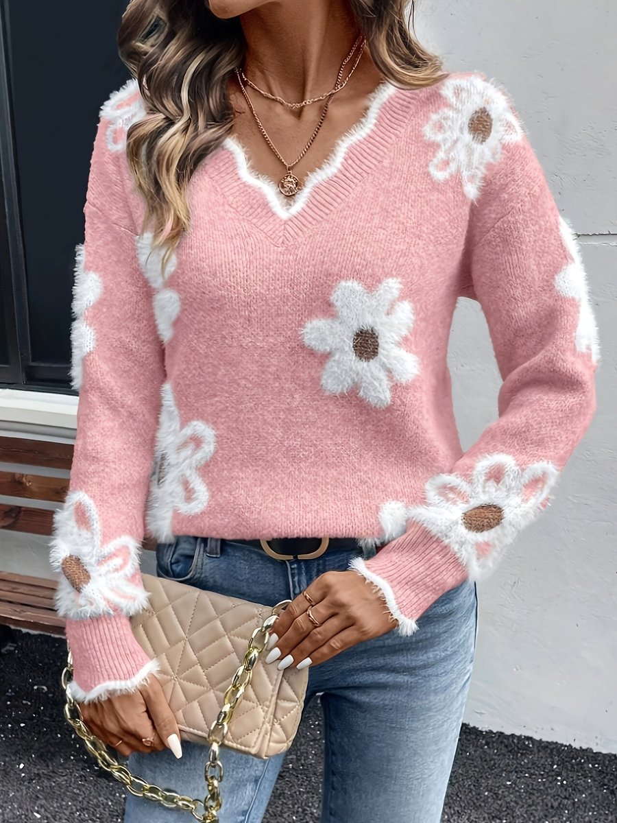 Lena Daisy Print V-Neck Sweater
