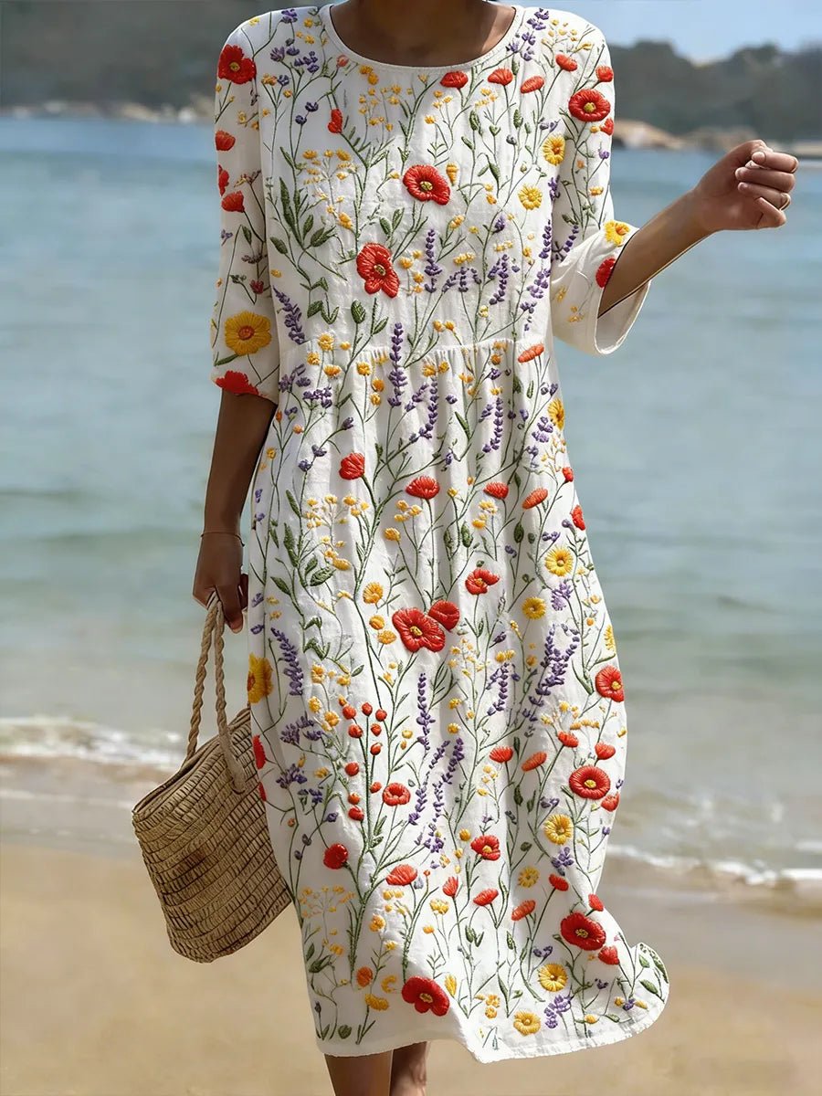 Marie Floral Relaxed Midi Dress with 3/4 Sleeves