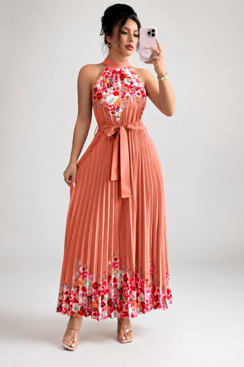 Emilia Floral Pleated Halter Midi Dress