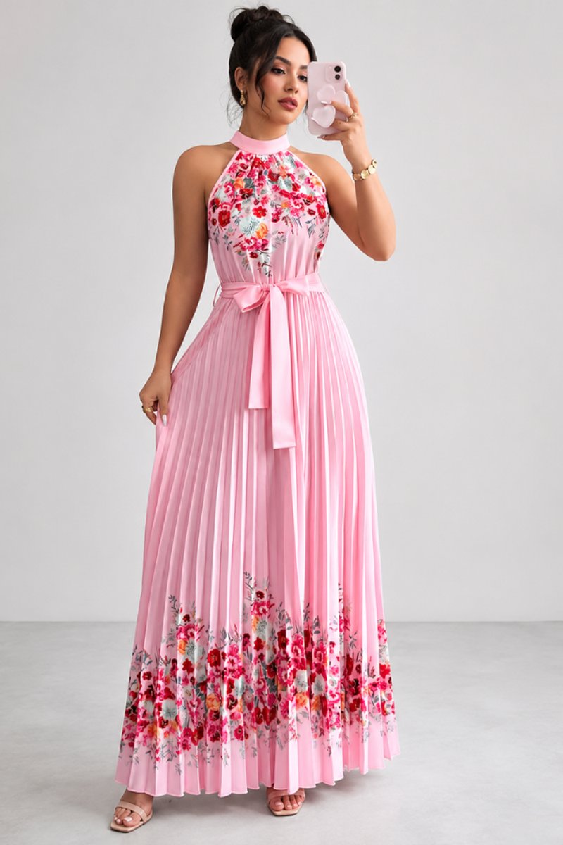 Emilia Floral Pleated Halter Midi Dress