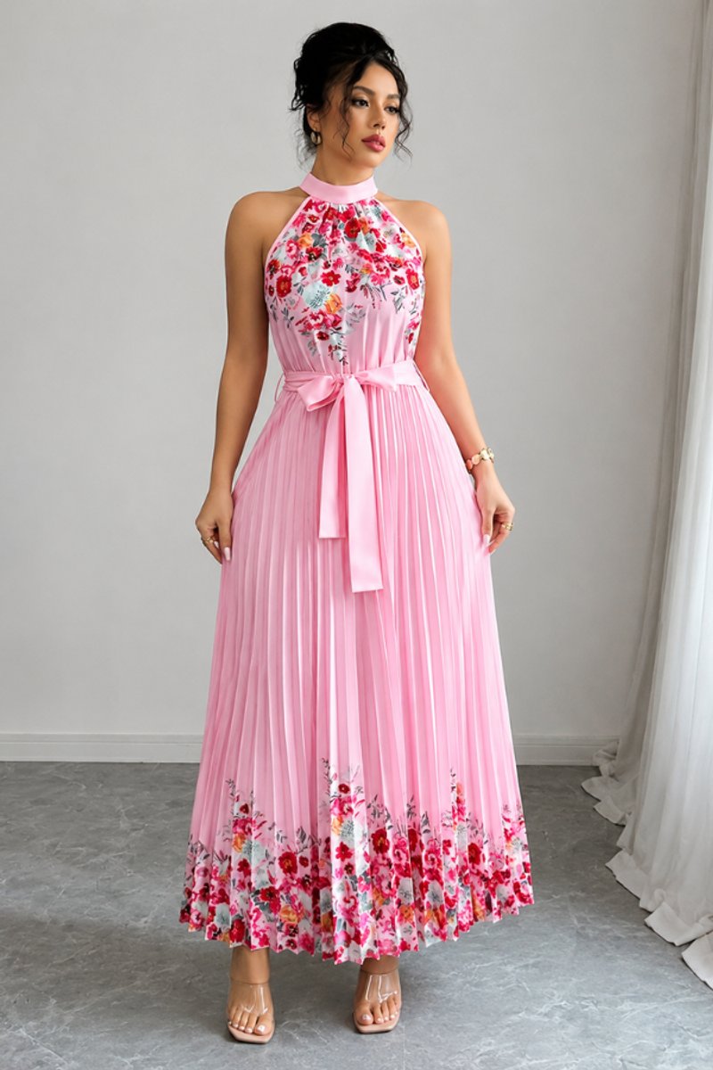 Emilia Floral Pleated Halter Midi Dress