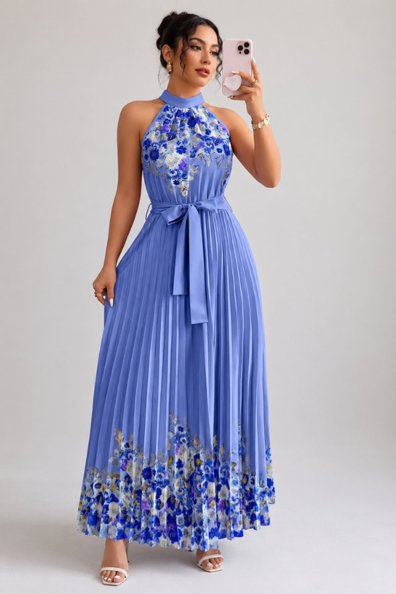 Emilia Floral Pleated Halter Midi Dress