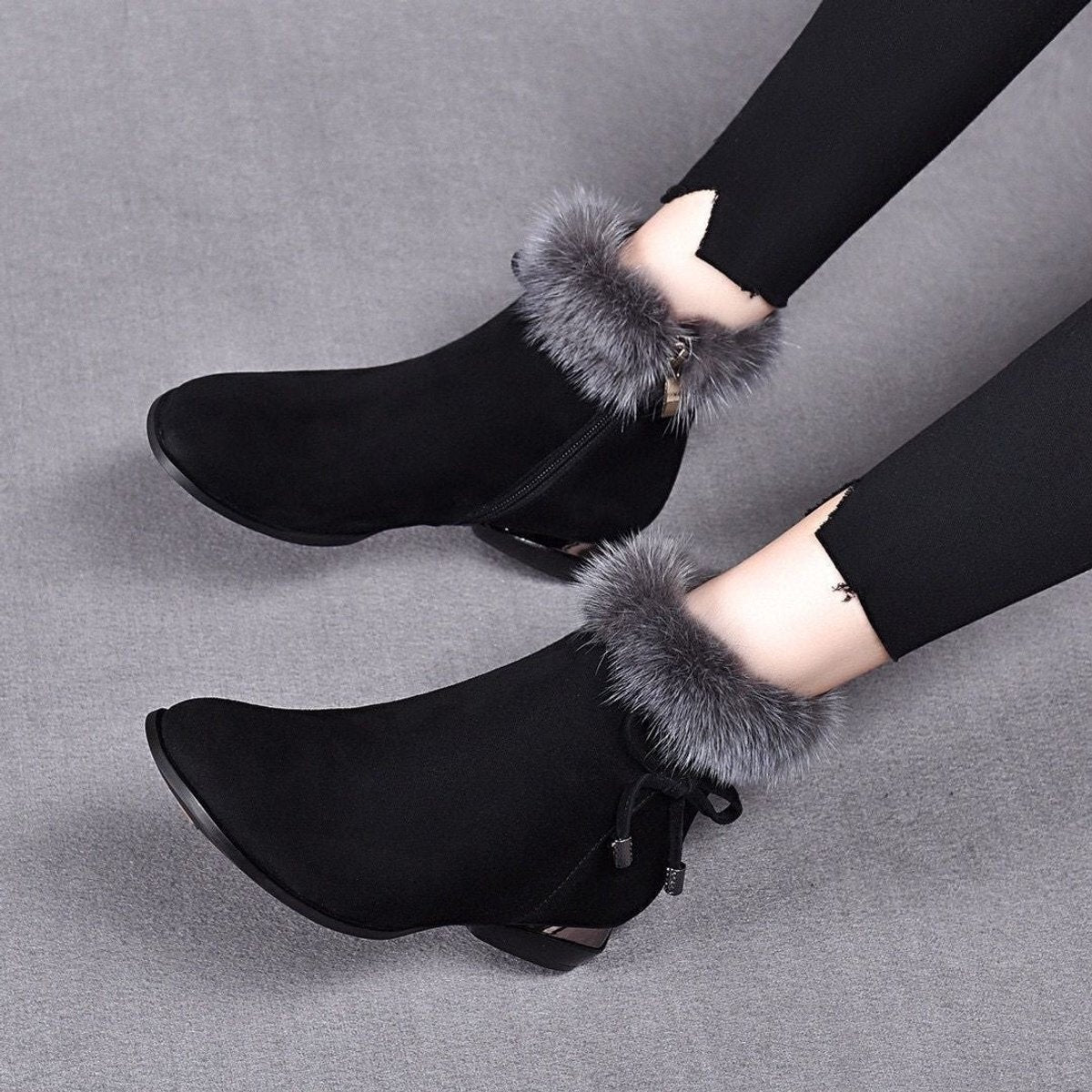 Luisa Lined Suede Ankle Boots with Faux Fur Trim