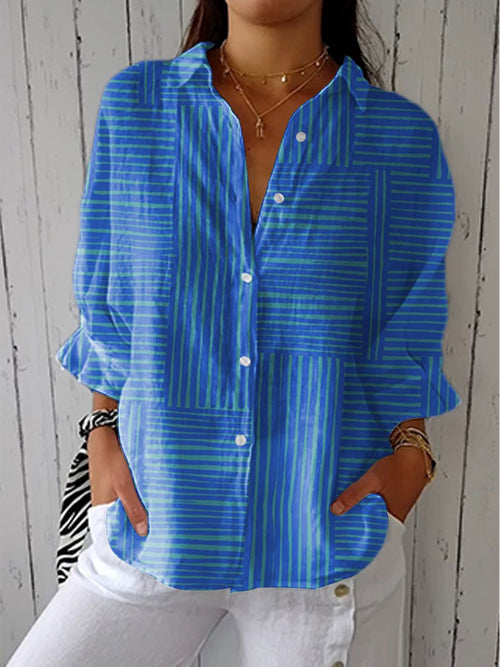 Mia Geometric Stripe Long-Sleeve V-Neck Blouse