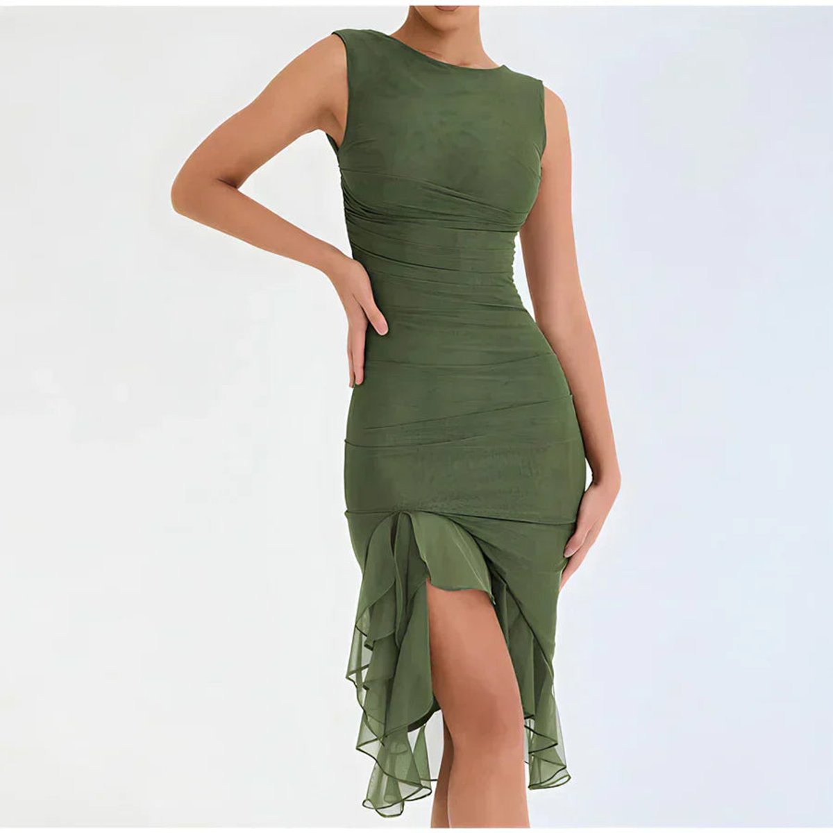 Elfriede Ruched Midi Dress with Chiffon Ruffle Hem