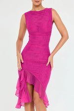 Elfriede Ruched Midi Dress with Chiffon Ruffle Hem