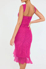 Elfriede Ruched Midi Dress with Chiffon Ruffle Hem