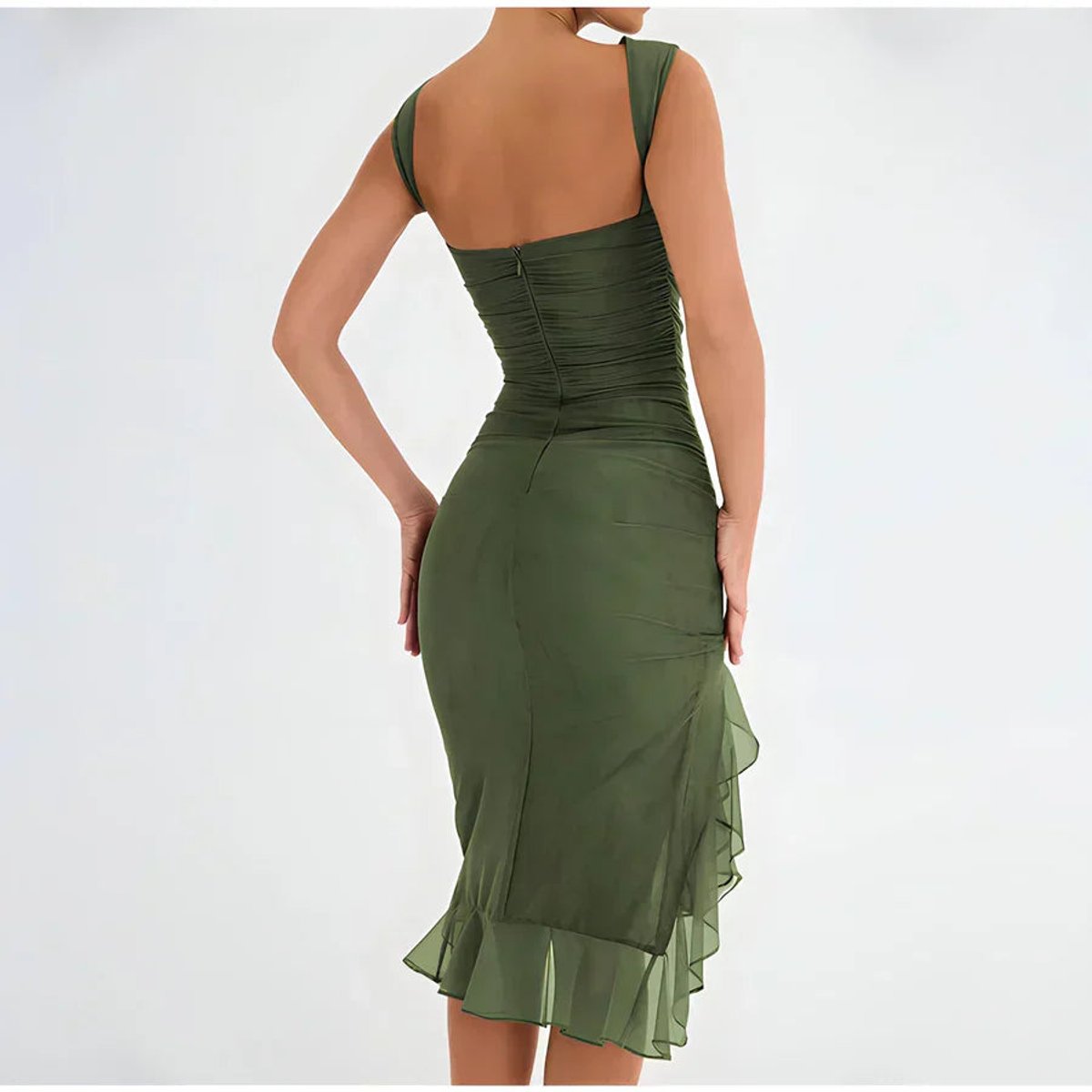 Elfriede Ruched Midi Dress with Chiffon Ruffle Hem