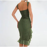 Elfriede Ruched Midi Dress with Chiffon Ruffle Hem