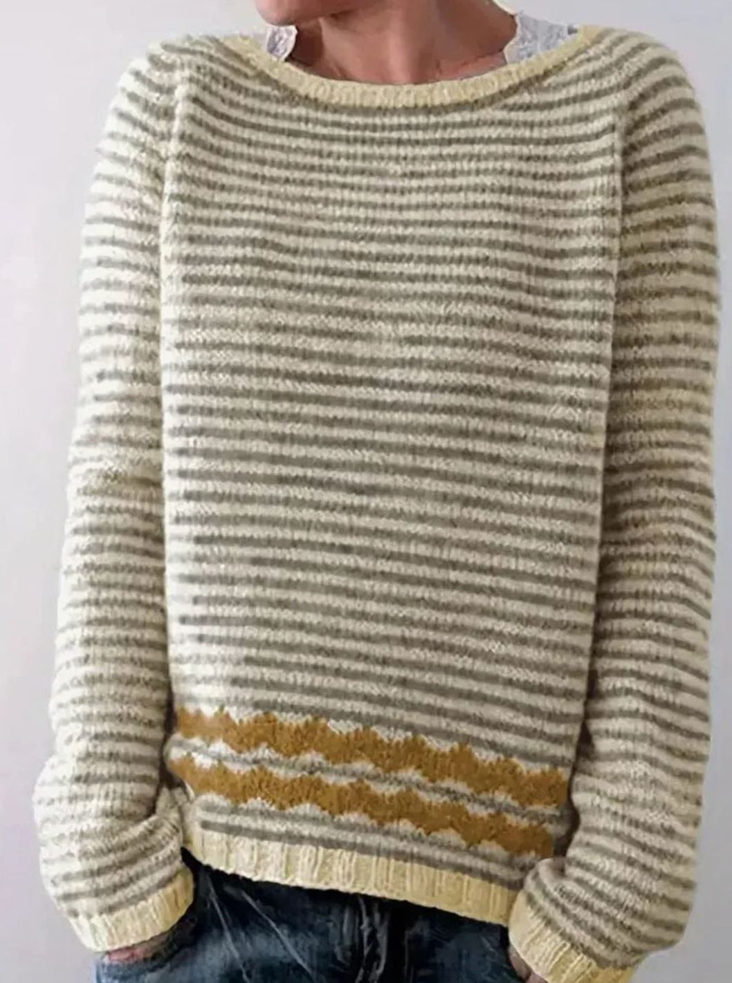 Marie Striped Crewneck Sweater with Wave Hem