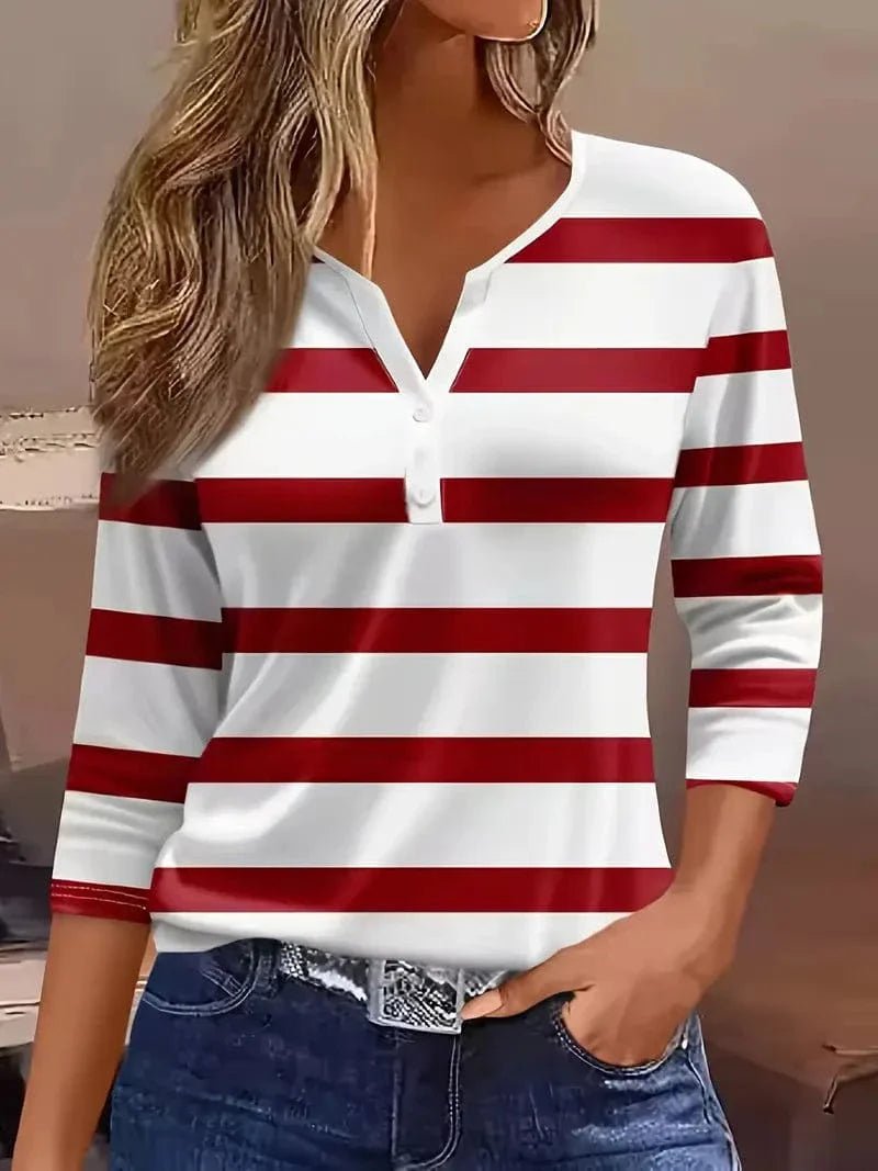 Elisabeth Striped V-Neck Three-Quarter Sleeve Top