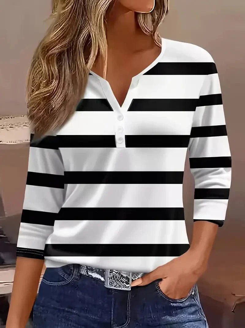 Elisabeth Striped V-Neck Three-Quarter Sleeve Top
