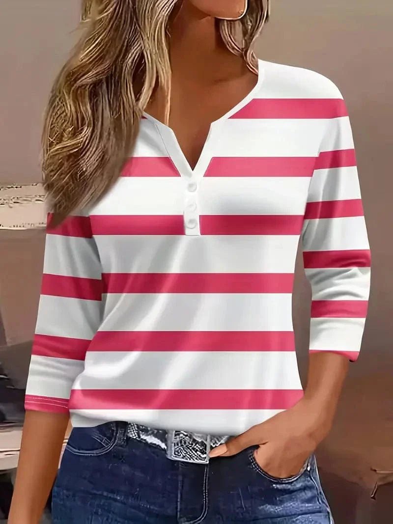 Elisabeth Striped V-Neck Three-Quarter Sleeve Top
