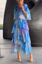 Lena Tiered Chiffon Maxi Dress with Long Sleeves and V-Neck