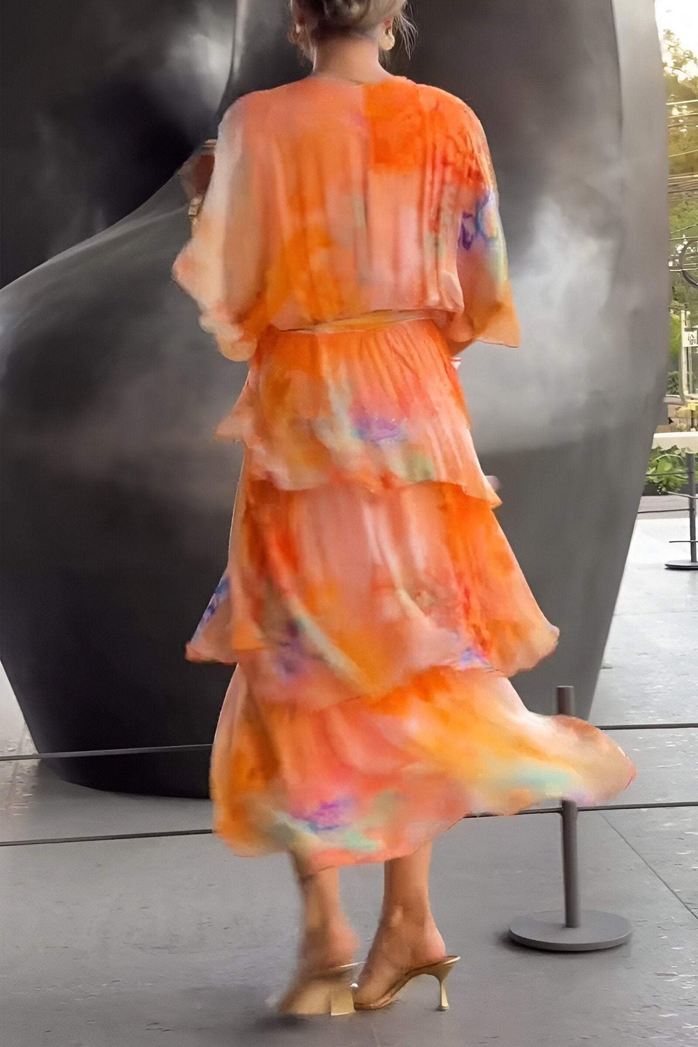 Lena Tiered Chiffon Maxi Dress with Long Sleeves and V-Neck
