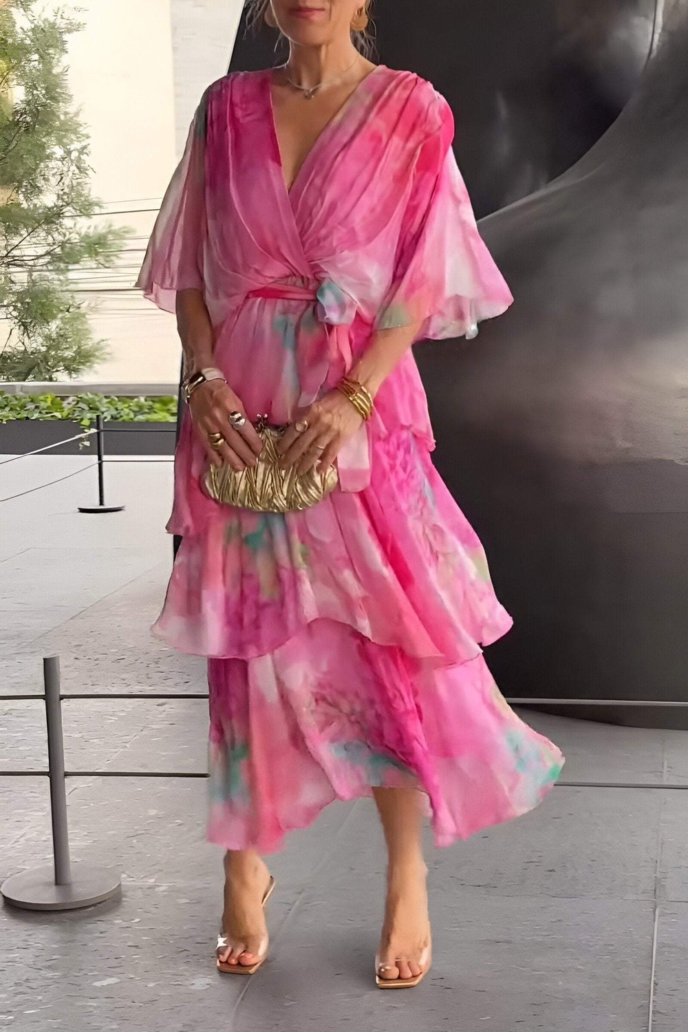 Lena Tiered Chiffon Maxi Dress with Long Sleeves and V-Neck