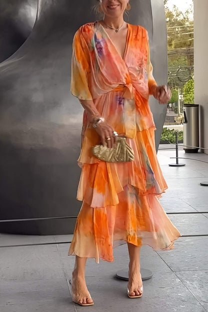 Lena Tiered Chiffon Maxi Dress with Long Sleeves and V-Neck