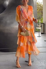 Lena Tiered Chiffon Maxi Dress with Long Sleeves and V-Neck