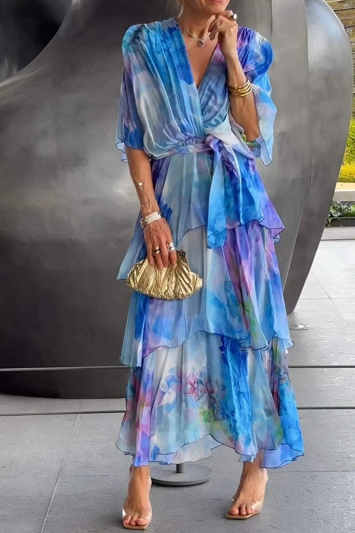 Lena Tiered Chiffon Maxi Dress with Long Sleeves and V-Neck