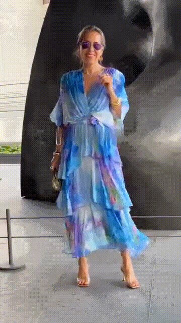 Lena Tiered Chiffon Maxi Dress with Long Sleeves and V-Neck