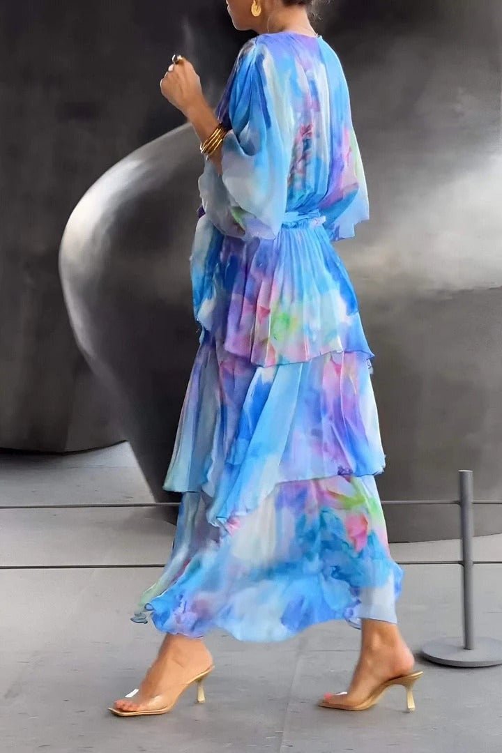Lena Tiered Chiffon Maxi Dress with Long Sleeves and V-Neck