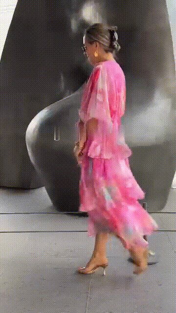 Lena Tiered Chiffon Maxi Dress with Long Sleeves and V-Neck