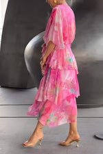 Lena Tiered Chiffon Maxi Dress with Long Sleeves and V-Neck
