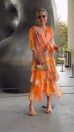 Lena Tiered Chiffon Maxi Dress with Long Sleeves and V-Neck