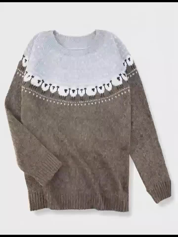 Johanna Chunky Knit Sweater with Sheep Jacquard Trim