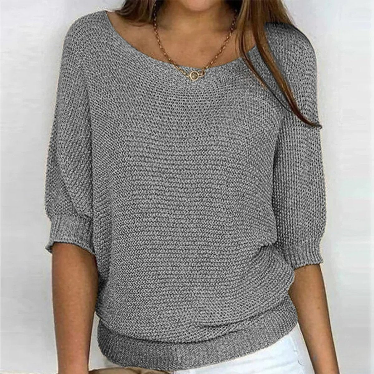 Charlotte Chunky Knit Half-Sleeve Crewneck Sweater