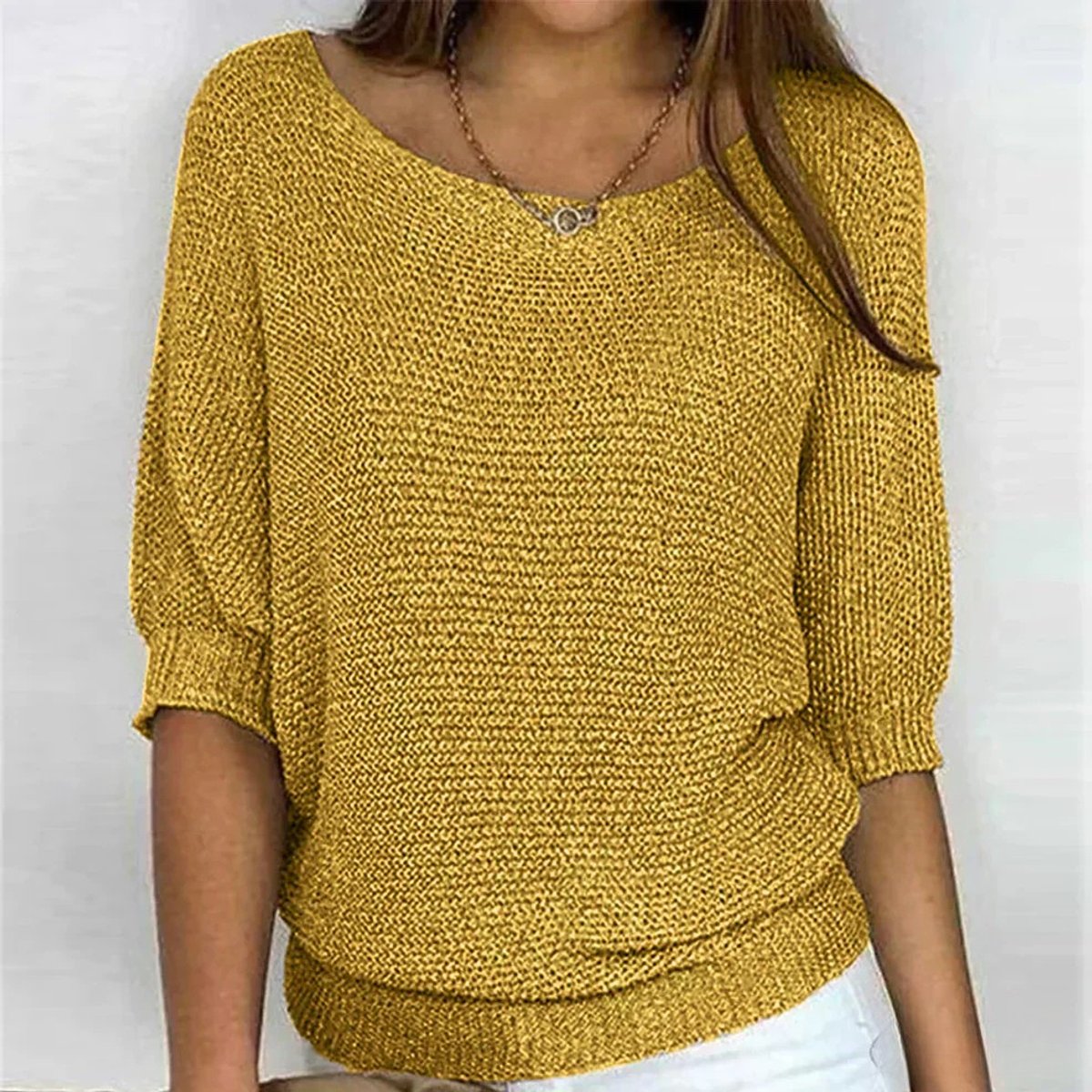 Charlotte Chunky Knit Half-Sleeve Crewneck Sweater